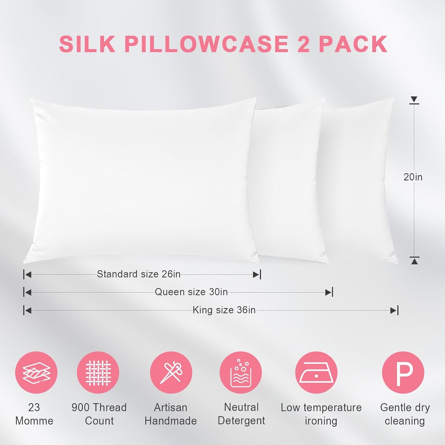 100% Silk Pillowcase 2 Pack for Hair and Skin, Both Sides 23 Momme Grade 6A+ Mulberry Silk Pillowcases with Hidden Zipper, Soft&Smooth Cooling Pillow Cases (White, Standard 20×26)