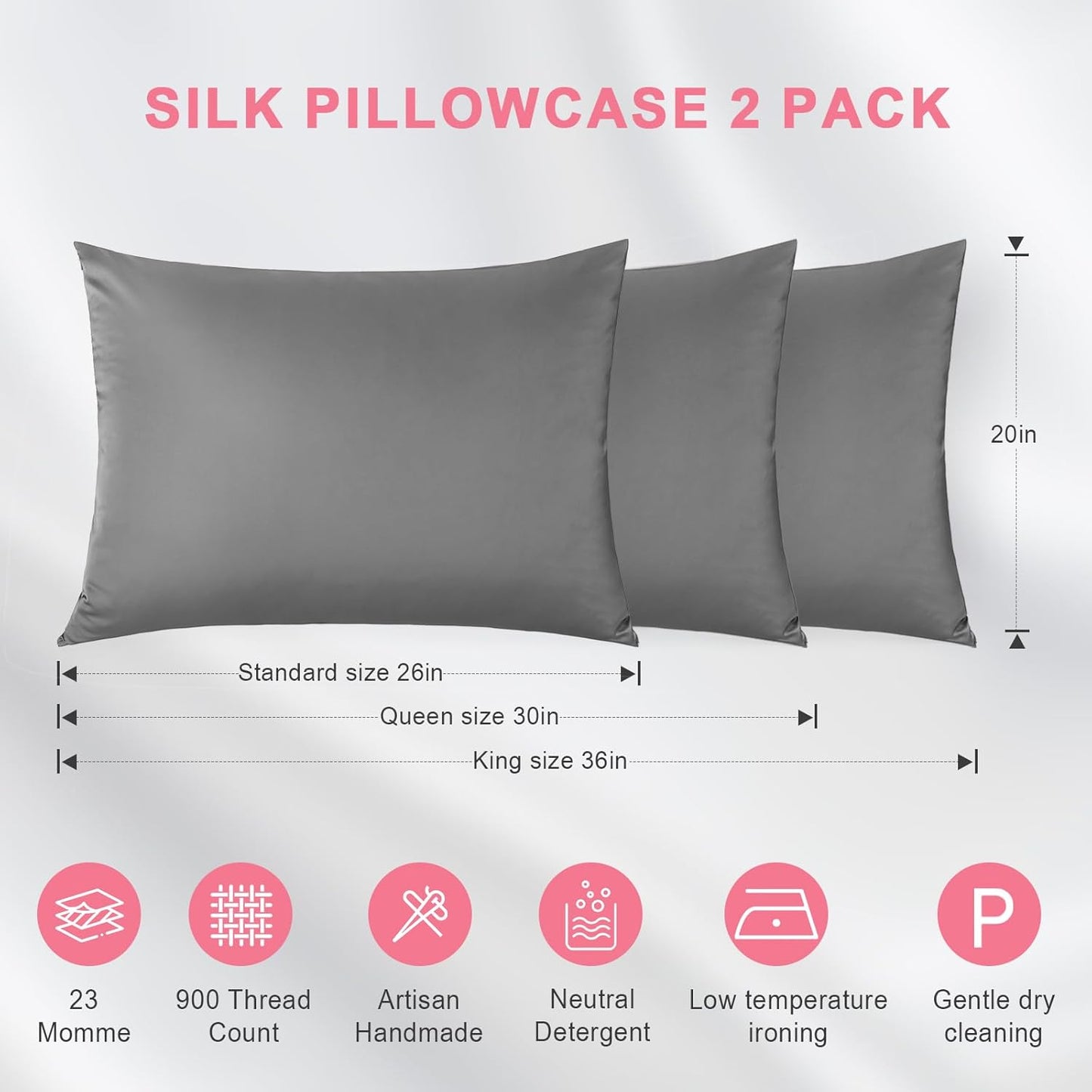100% Silk Pillowcase 2 Pack for Hair and Skin, Both Sides 23 Momme Grade 6A+ Mulberry Silk Pillowcases with Hidden Zipper, Soft&Smooth Cooling Pillow Cases (Gray, Queen 20×30)