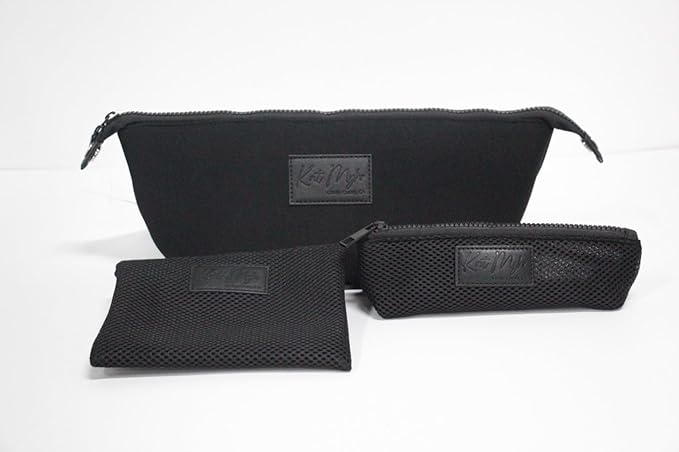 Kat Myhr Neoprene Washable Travel Makeup & Cosmetic Bag Set, 2 Air Mesh Pouches,100% Neoprene Toiletry Bag, Large Water Resistant Travel Bag for Toiletries, Makeup Cosmetic Travel Bag (Jet Black)