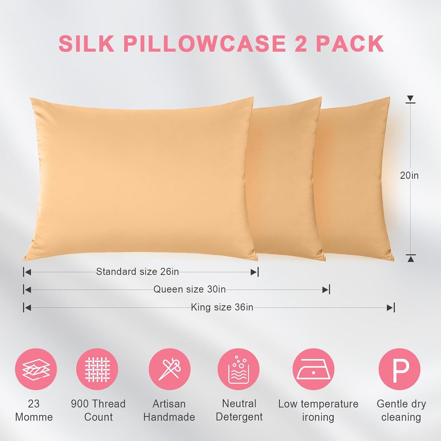 100% Silk Pillowcase 2 Pack for Hair and Skin, Both Sides 23 Momme Grade 6A+ Mulberry Silk Pillowcases with Hidden Zipper, Soft&Smooth Cooling Pillow Cases (Champagne, Queen 20×30)