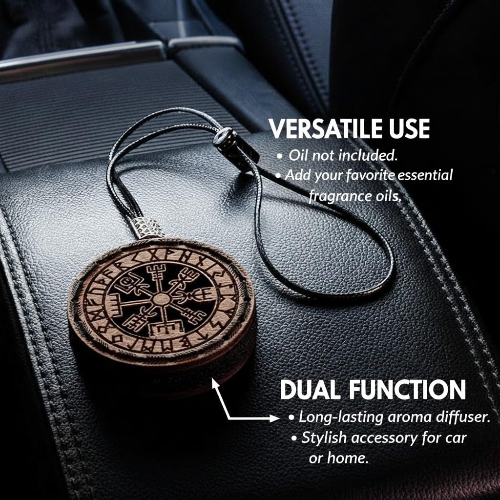 Wood Car Air Freshener — Vegvisir Handmade Unscented DIY Essential Oil Hanging Diffuser with Felt Insert — Add Your Own Oils — Refillable — Car/Truck/SUV — Cardboard Box
