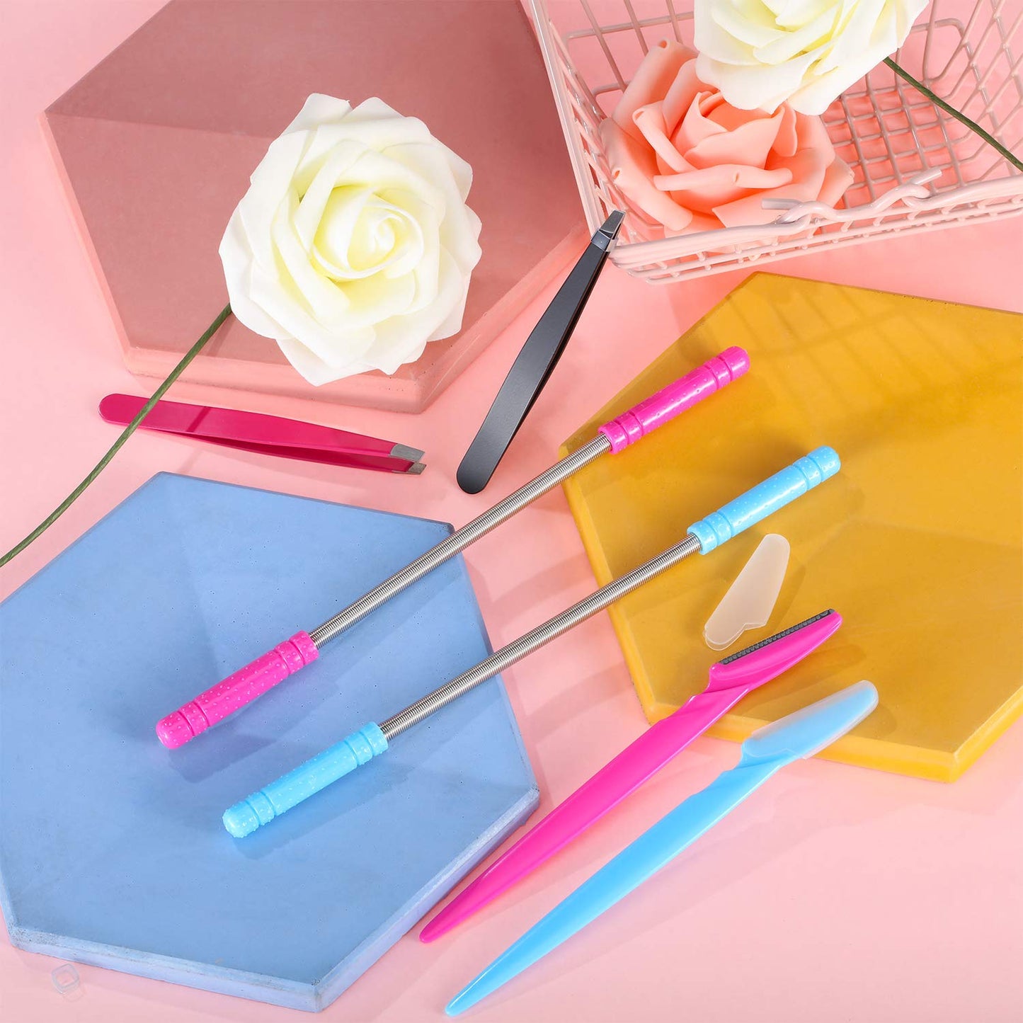 14 Pieces Facial Hair Remover Spring Epilator Set Eyebrow Razors Beveled Tweezers Removes Hairs Women Face Threading Tool(Color A)