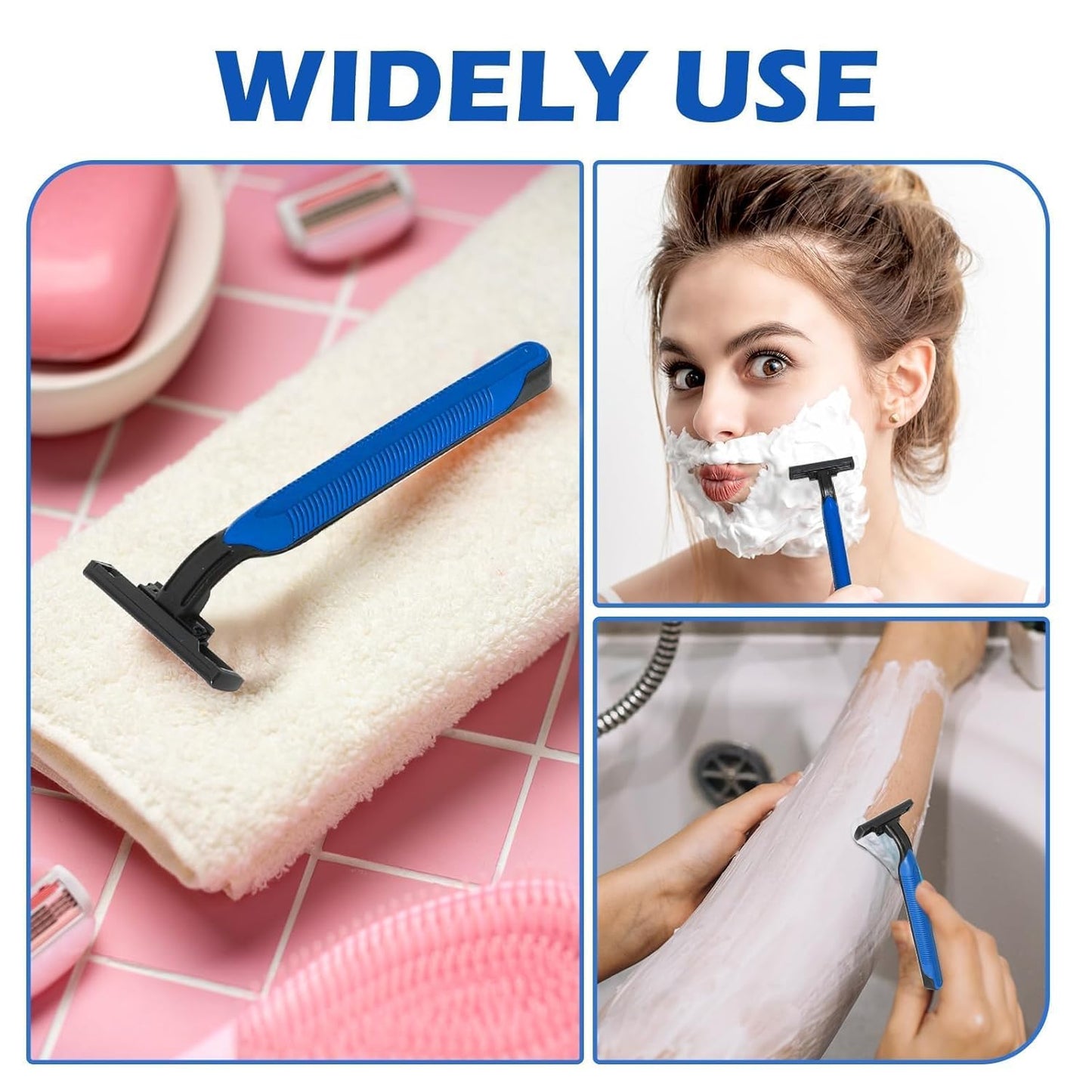 120 Pack Disposable Twin Blade Razors Individually Wrapped, Clear Safety Cap, Multipurpose Portable Shave Razor for Man Woman Bathing Hotel Travel (Blue)