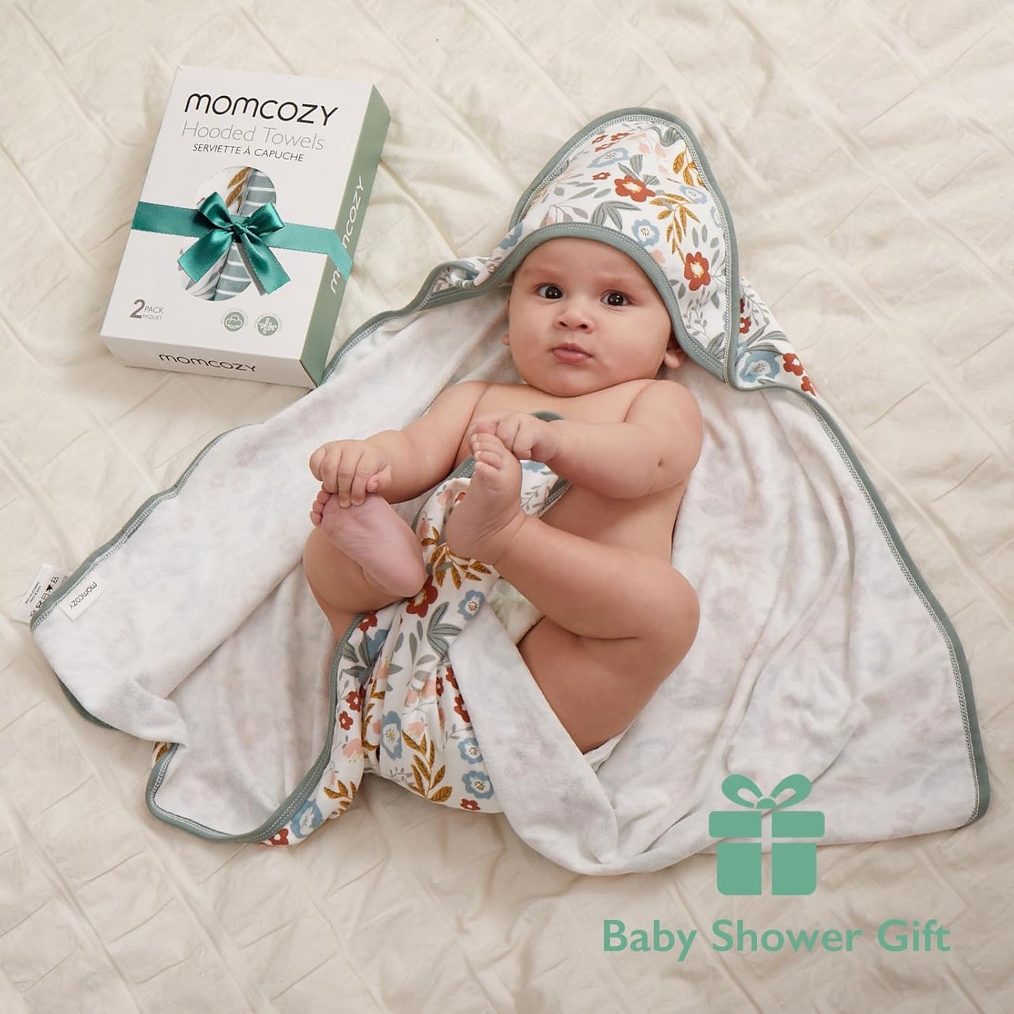 Momcozy Baby Towel with Hooded-2 Pack Soft Bath Towel Set-Shower Gifts or Bath Essential for Infant,Newborn, Toddler (28 X 28 Inch, Petite Blossom)