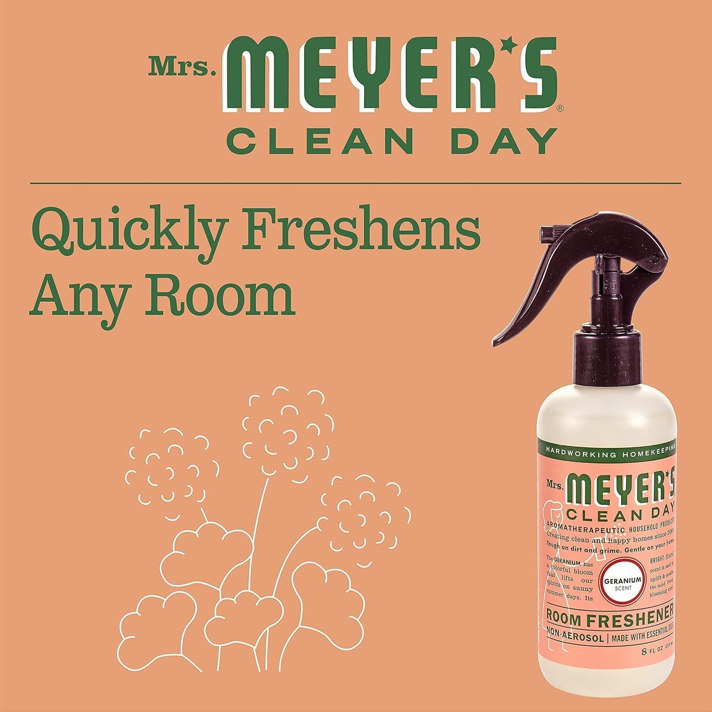 Mrs. Meyer's Clean Day Room Freshener Spray Bottle, Geranium Scent, 8 Fl Oz (Pack of 6)