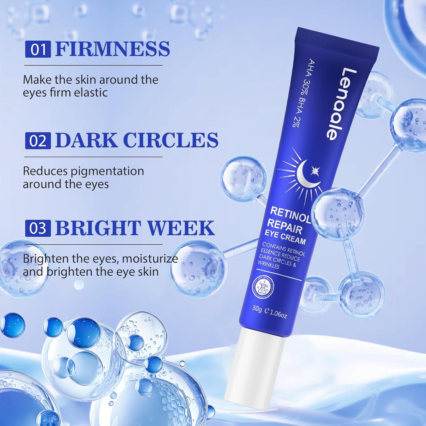 Retinol Eye Cream, Hydrating Under Eye Care Daily Wrinkle Cream, Infused with AHA30% to Smooth and Hydrate Skin, Eye Crea for Dark Circles Treatments
