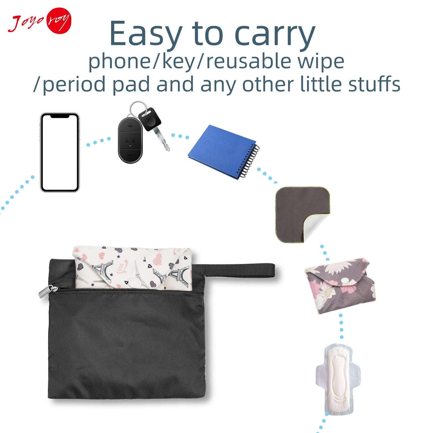 Joyo roy Small Wet Bag Mini Wet Bag Period Bag Black for Private Secret Waterproof Reusable for Girls Women Multi Use for Mama Cloth/Menstrual Pads/Sanity Cups/Breast Pads/Make Up Remover Pads