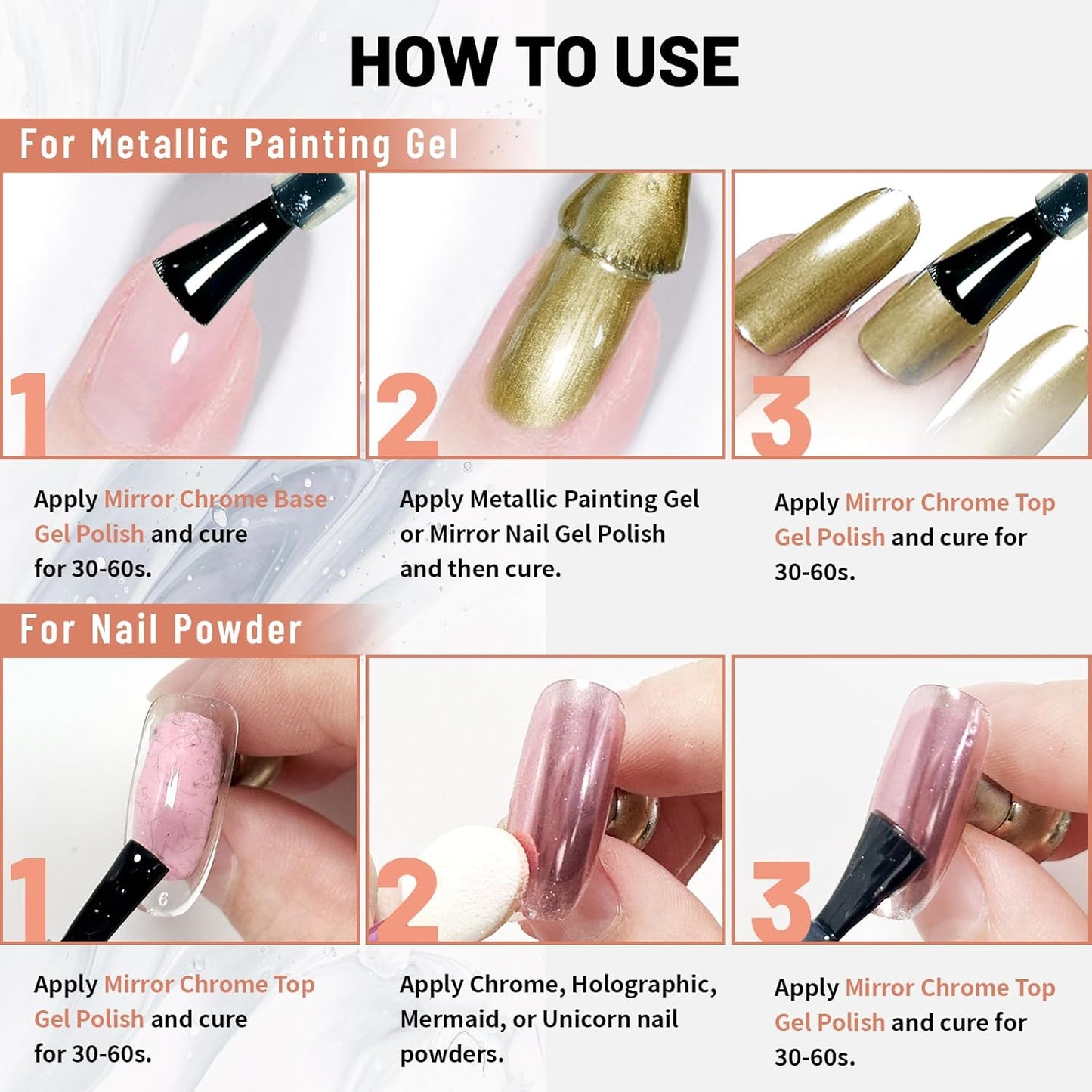 15ml Top Coat and Base Coat Set for Metallic Mirror Painting Gel, No Wipe Clear Top and Base Coat for Nail Polish, Chrome Nail Powder