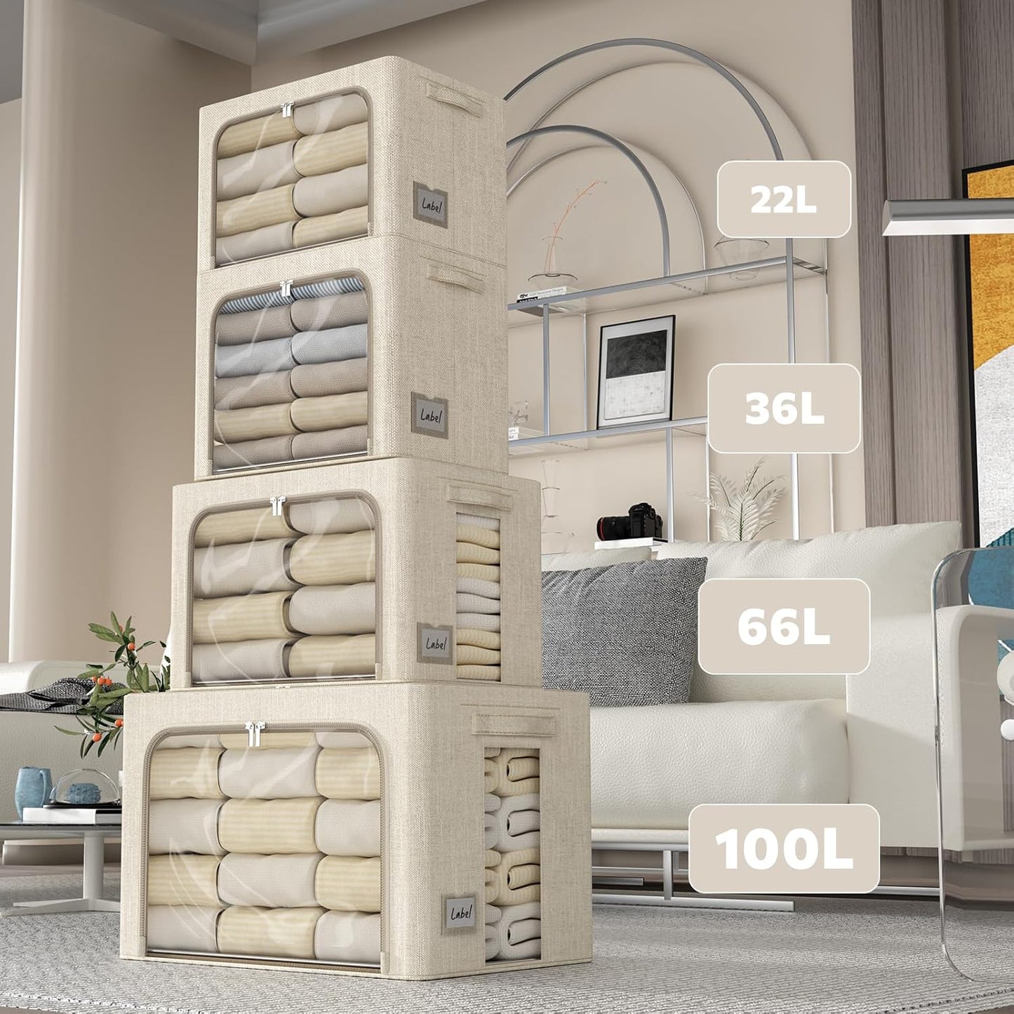 FHSQX 6 Pack Clothes Storage Bins with Metal Frame 100L Foldable Storage Bins for Clothes Linen Fabric Storage Box with Clear Window (Beige, 23.6x16.5x15.7inch(100L))