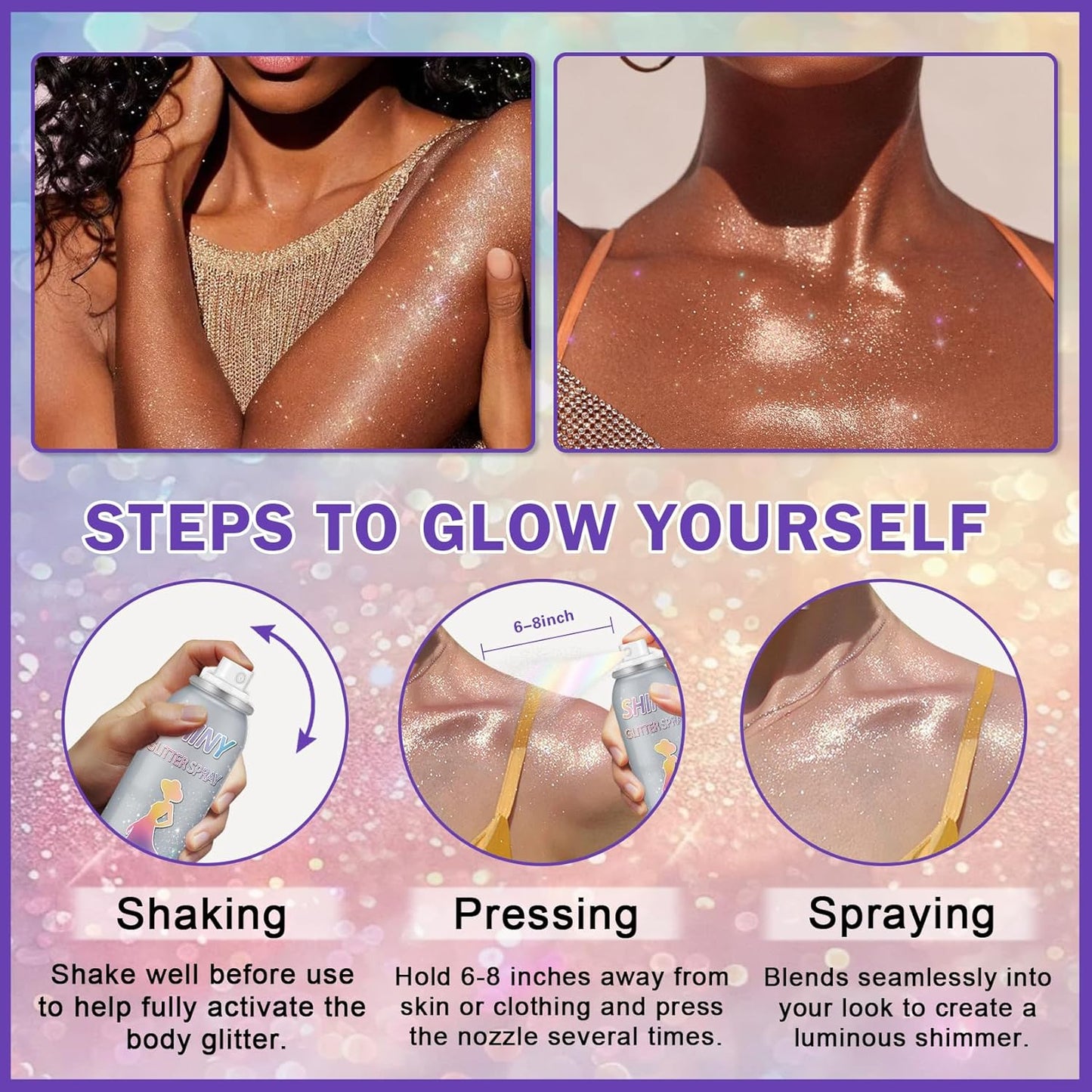 Body Glitter Spray,150ML Glitter Hairspray,Long-Lasting and Quick-Drying,Shimmer Spray for Kids Women,Suitable for Festival Music Concert Party,4.2 Fl Oz (Rainy-Rainbow)