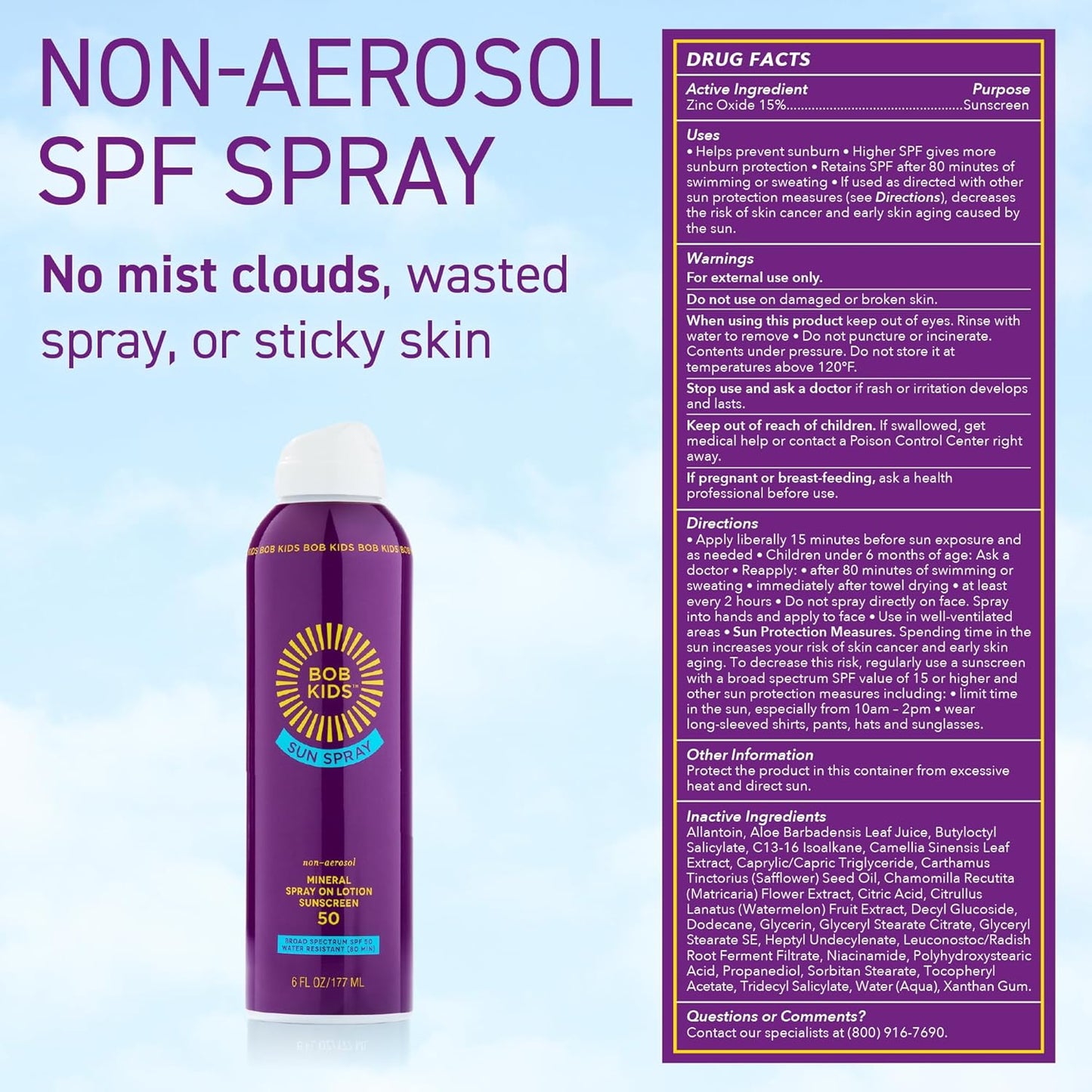 BOB KIDS SPF 50 Sun Spray, Mineral Sunscreen, Non Aerosol Continuous Spray, Water Resistant, Reef Friendly, 6 oz