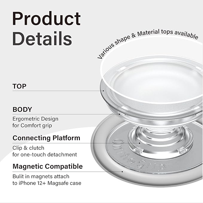 Matt Black Collapsible Phone Grip & Stand Sleek All-Black Design for Secure Hold & Stylish Look (Round Magnetic)