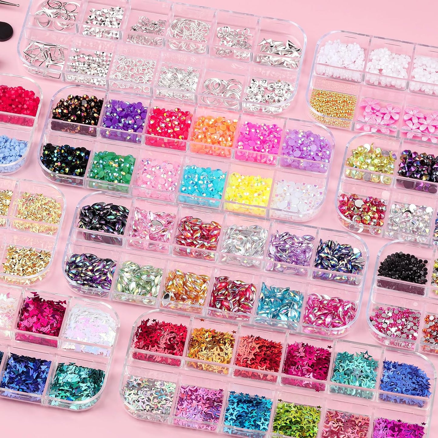 12 Boxes Nail Art Kit with Nail Charms, Gems, Rhinestones & Studs - Flatback Rhinestones, 3D Gold/Silver Charms, White Half Pearls, Pink Flower Charms, Star/Butterfly Sequins + 4 Tools for DIY Crafts