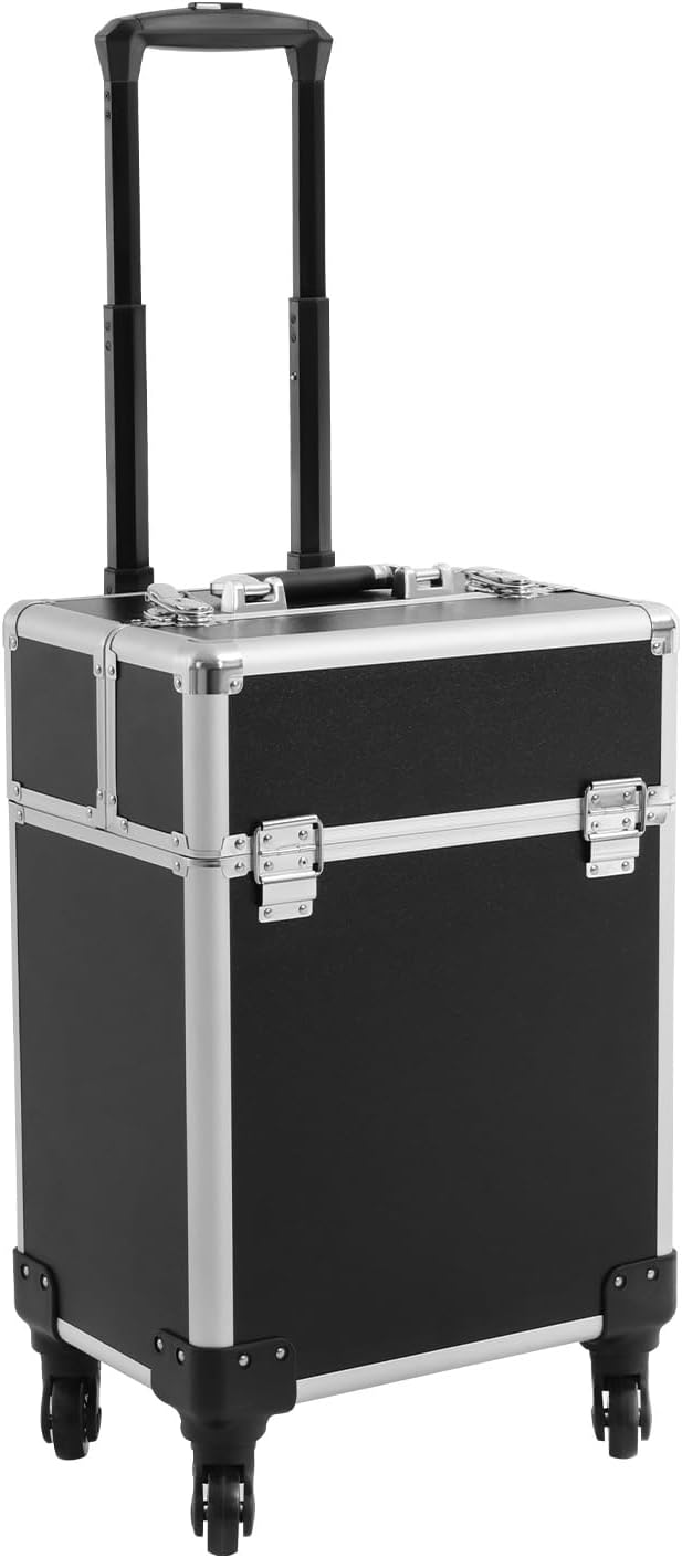 13.23lbs Lockable Makeup Train Case,Rolling Hairdressing Trolley,Beauty Salon Cosmetic Luggage with Universal Wheels for Hair Stylist,Make-up Artists (Black 7)