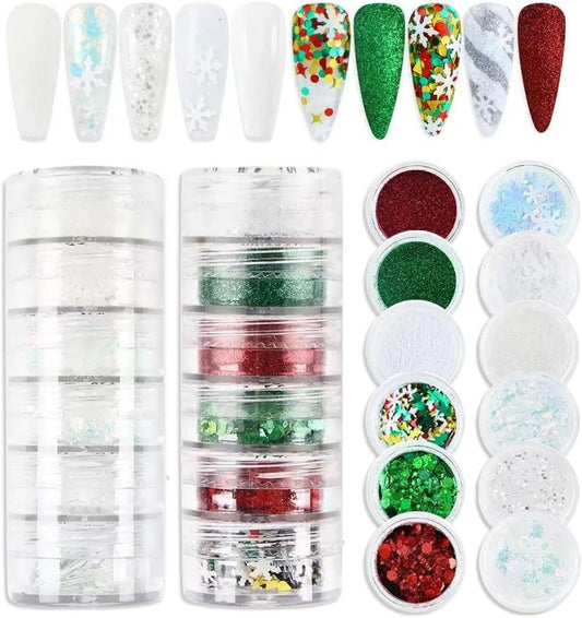 12 Grids Christmas Nail Sequins Glitter Powder 3D Snowflake Xmas Tree Glitter Flake Nail Art Design Winter Nail Supplies Decorations Charms Nails Art Stickers for Women DIY Manicure