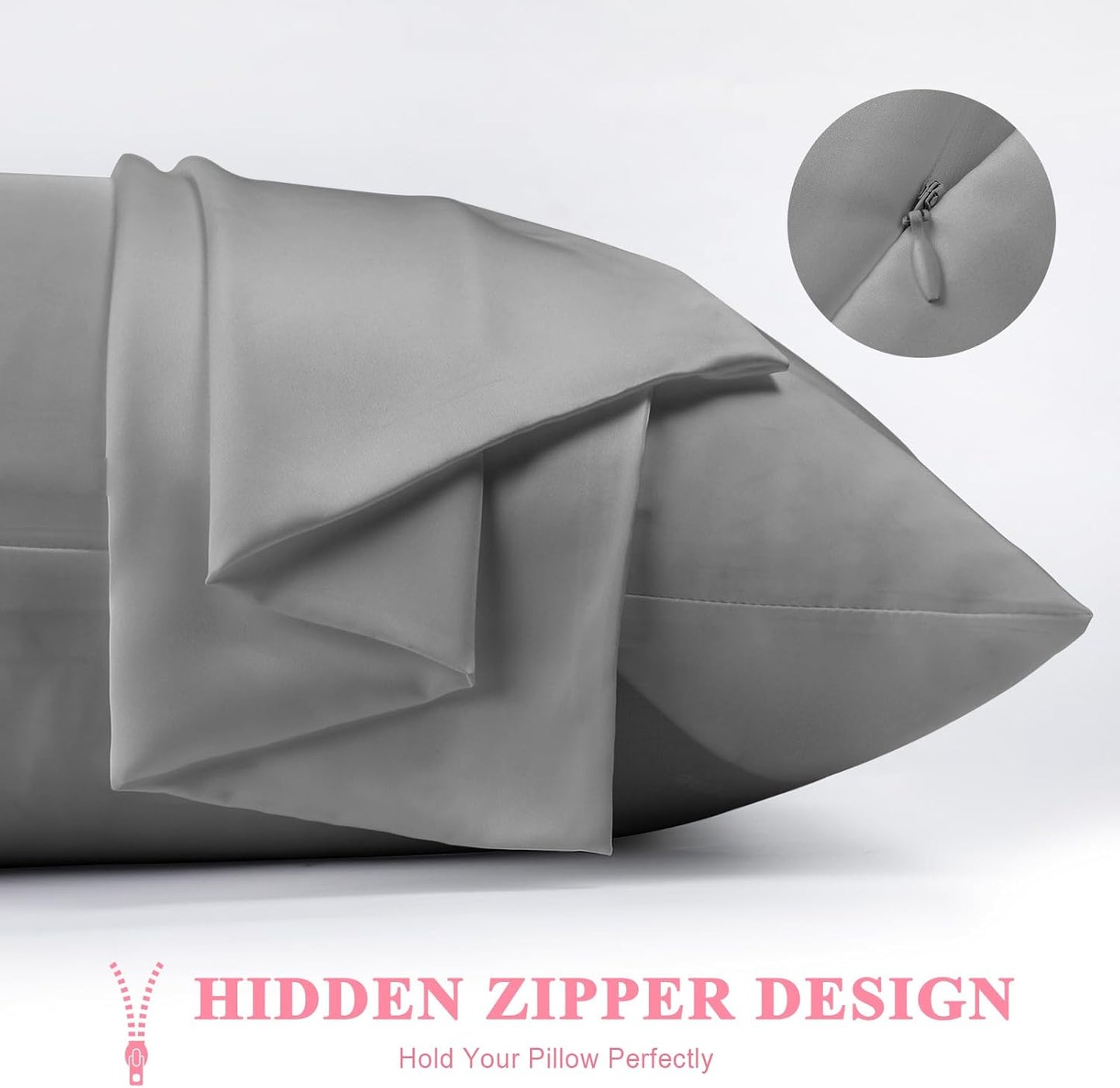 100% Silk Pillowcase 2 Pack for Hair and Skin, Both Sides 23 Momme Grade 6A+ Mulberry Silk Pillowcases with Hidden Zipper, Soft&Smooth Cooling Pillow Cases (Gray, King 20×36)