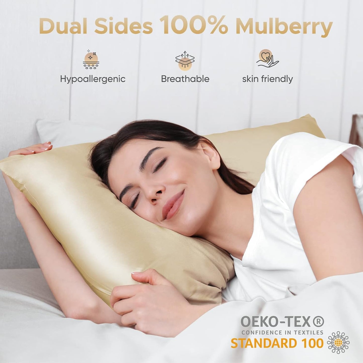 100% Pure Mulberry Silk Pillowcase for Hair and Skin - Allergen Resistant Dual Sides,600 Thread Count Silk Bed Pillow Cases with Hidden Zipper,1pc,Standard Size,Champagne