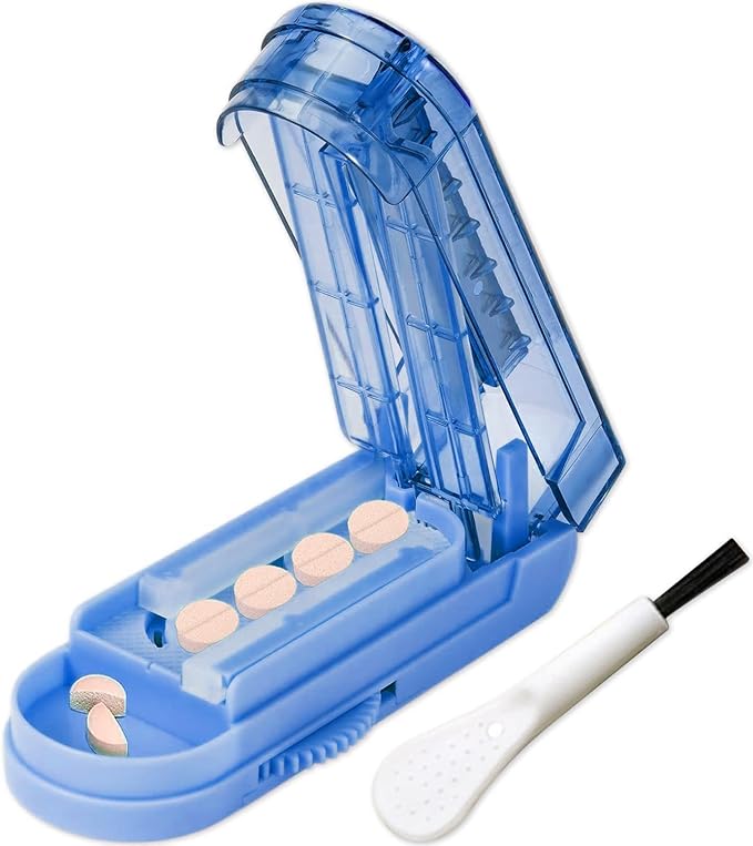 JohnBee Pill Cutter Splitter for Small and Tiny Pills. Adjustable Pill Splitter Accurately Cuts Multiple Pills at Once. Sharp Blade with Safety Guard. Non-Slip Silicone Edge (Dark Blue)