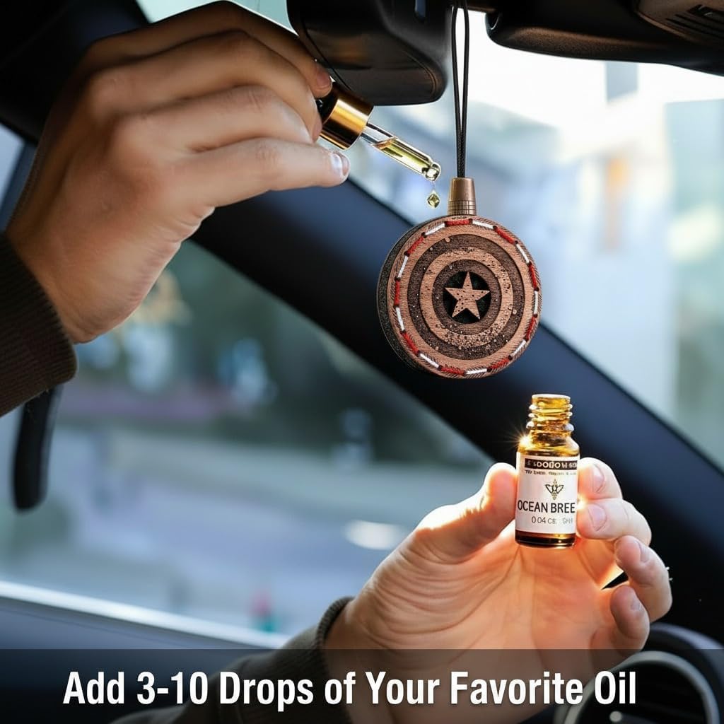 Wood Car Air Freshener — Captain Shield Handmade Unscented DIY Essential Oil Hanging Diffuser with Felt Insert — Add Your Own Oils — Refillable — Car/Truck/SUV — Cardboard Box