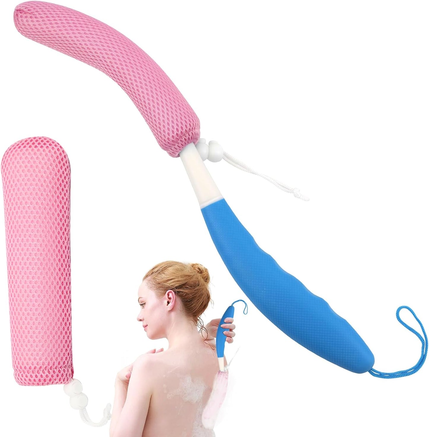 15.35" Back Bath Brush with Sponge,Back Scrubber Bath Mesh with Curved Long Handle Bath Body Brush for Elderly Aid Bathing and Shower