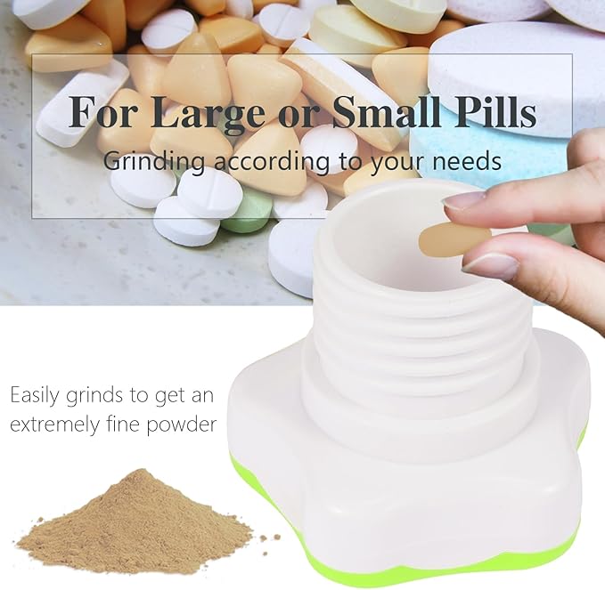 Johnbee Pill Crusher, Pill Grinder Fine Powder Extremely Fine. Storage Compartment. Pill Crushers for Elderly, Family and Pets. Silicone Edges. Grind Multiple Pills at Once - Cleaning Brush (Green)