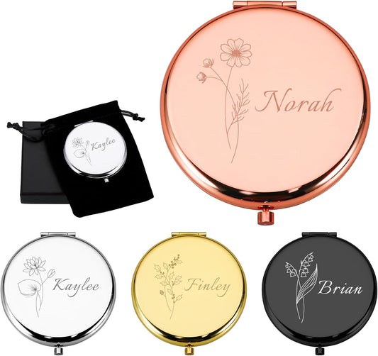 Personalized Compact Mirror, Custom Pocket Mirror with Birth Flower and Name, Small Purse Mirrors for Women, Double-Sided 1X/2X Magnifying Travel Makeup Mirrors, Bridal Shower Gifts, Stocking Stuffers