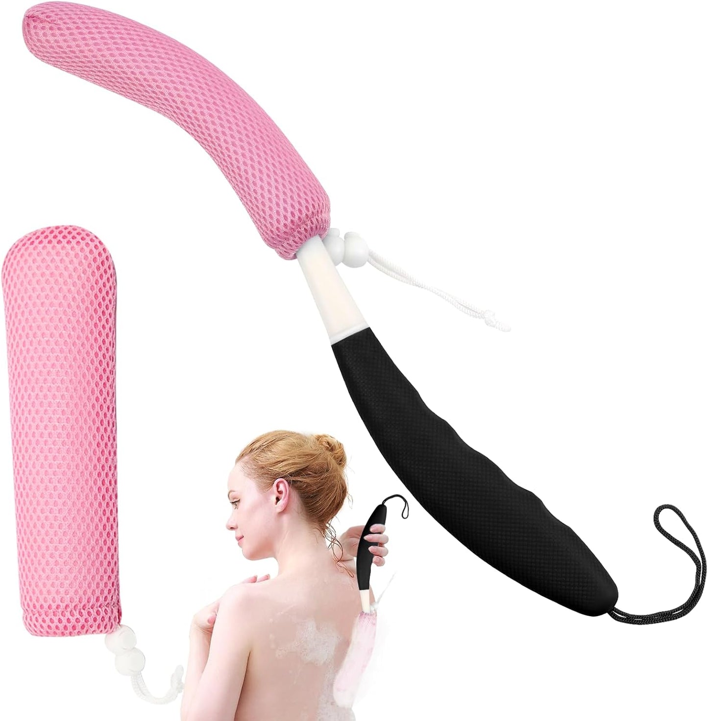 15.35" Back Bath Brush with Sponge,Back Scrubber Bath Mesh with Curved Long Handle Bath Body Brush for Elderly Aid Bathing and Shower