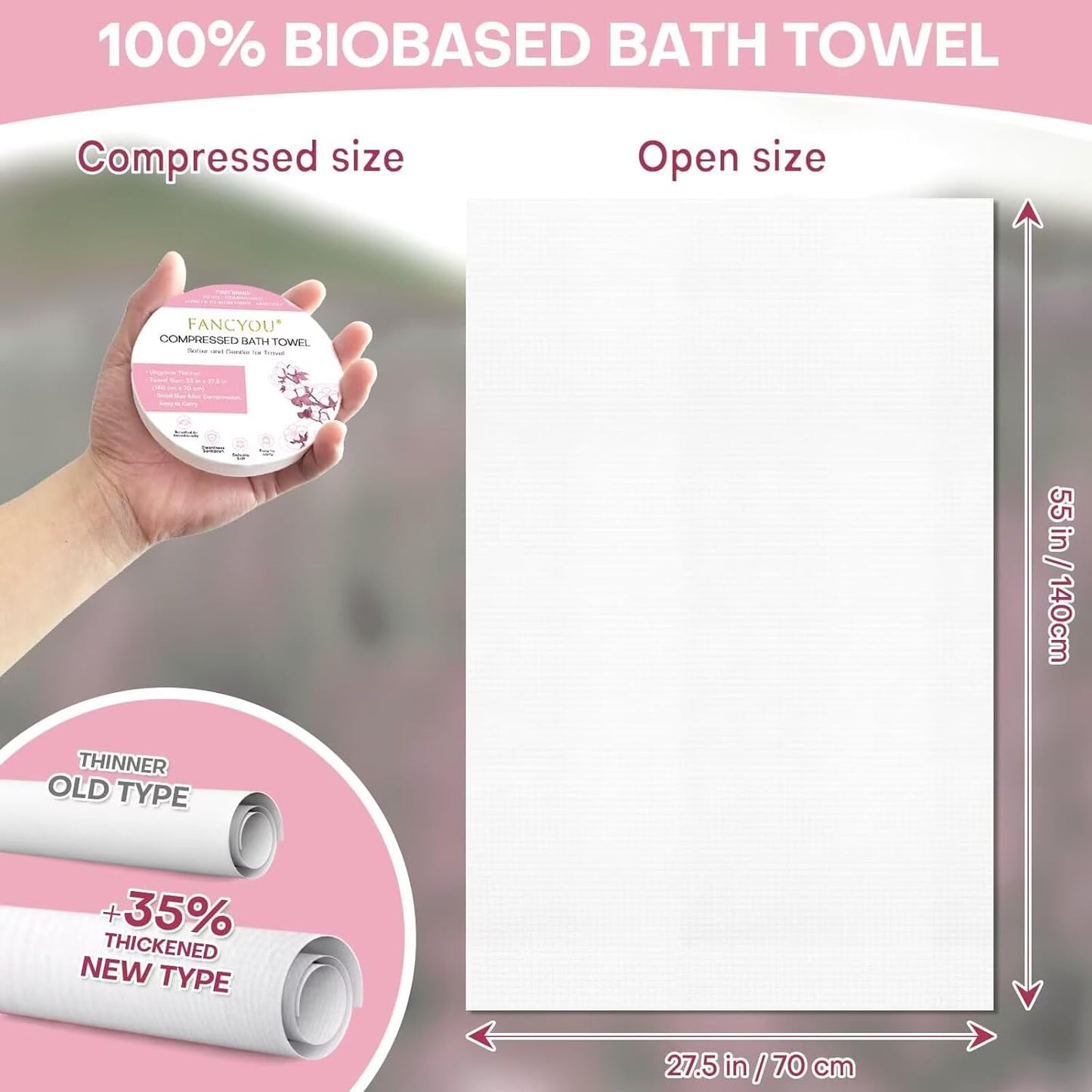 Compressed Bath Towel 5 Pcs 55" x 27.5" Travel Size Mini Disposable Coin Towel Washable & Reuseable Camping Wipe & Cleansing (Pink)
