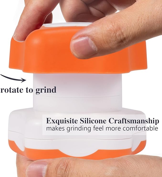 Johnbee Pill Crusher, Pill Grinder Fine Powder Extremely Fine. Storage Compartment. Pill Crushers for Elderly, Family and Pets. Silicone Edges. Grind Multiple Pills at Once - Cleaning Brush (Orange)