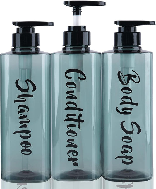 16.9oz Refillable Shower Soap Dispenser with Pump - 3 Chamber No Drill for Shampoo, Conditioner & Body Wash, Blue Clear Plastic Bottle Dispenser, Bathroom Organizer with 6 Waterproof Labels