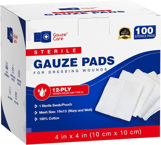 100pc Large Sterile Gauze Pads 4x4 Sterile for Wounds Bulk - 12ply Woven Gauze Sponges 4x4 Sterile - USP IV Breathable Mesh 4x4 Gauze Pads Sterile for Enhanced Absorption - First Aid Medical