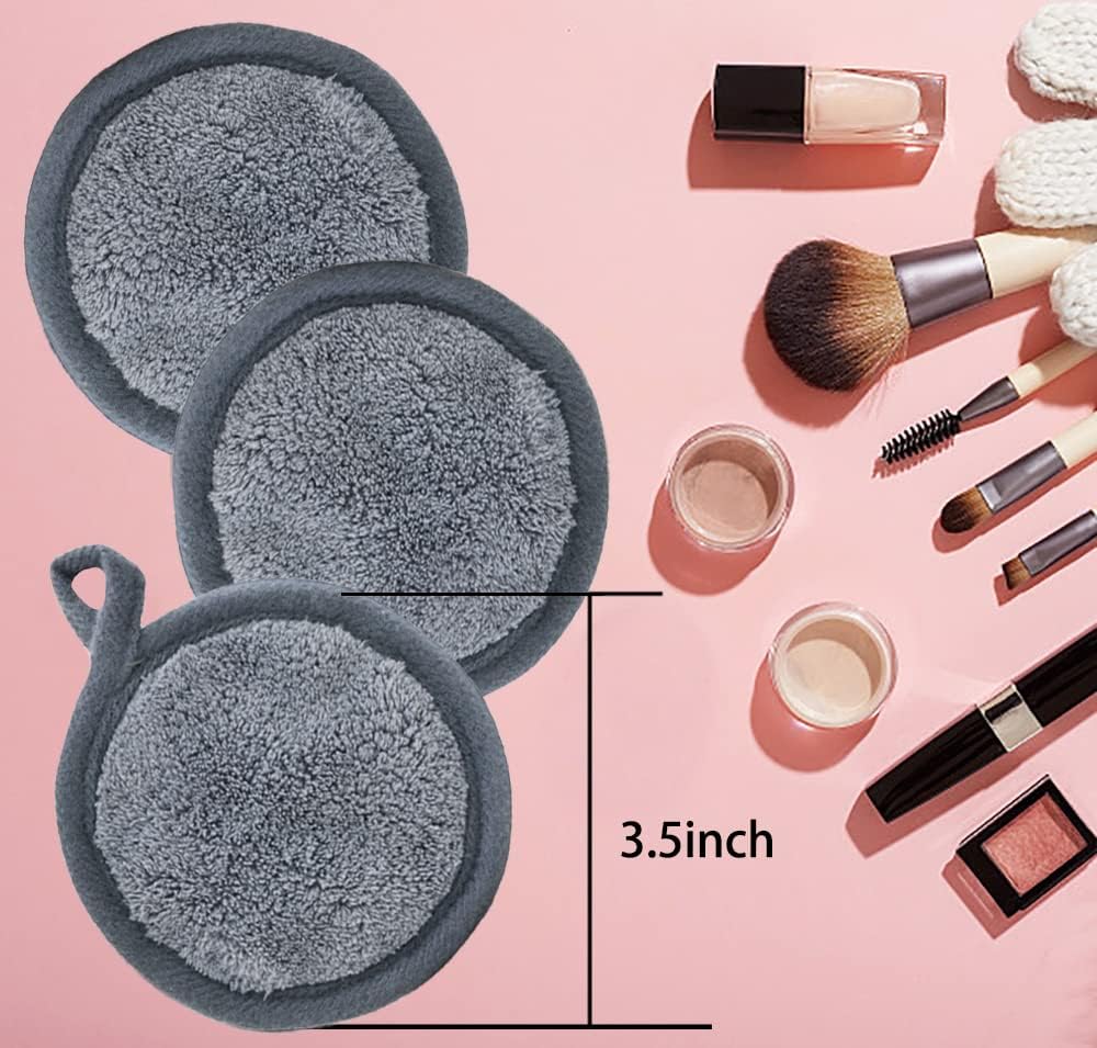 Reusable Makeup Remover Pads 16 Pack Microfiber Cleansing Facial Rounds Wipes Face, Eyes, Lips（3.5inch, grey）