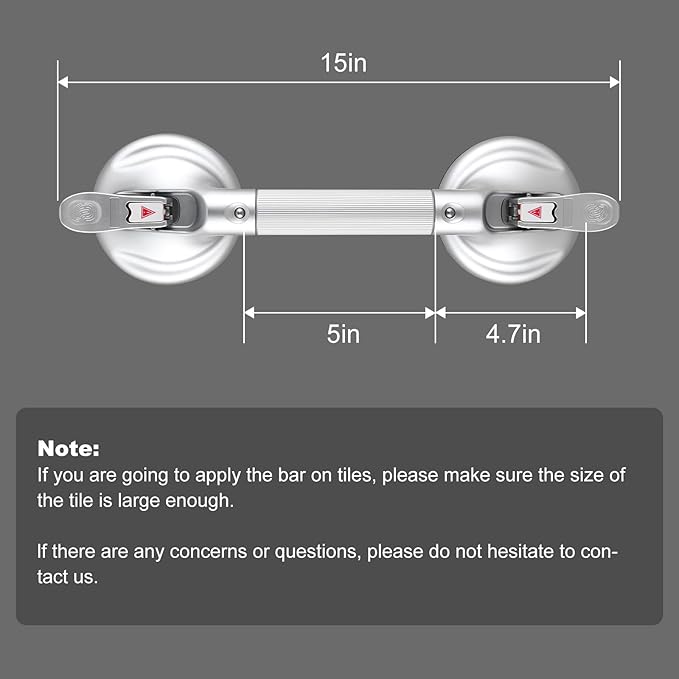 15-Inch Shower Handle - Upgraded Grab Bar with Strong Suction Cups for Bathtub & Shower Safety, Ideal for Seniors, Elderly, Disabled -Silver