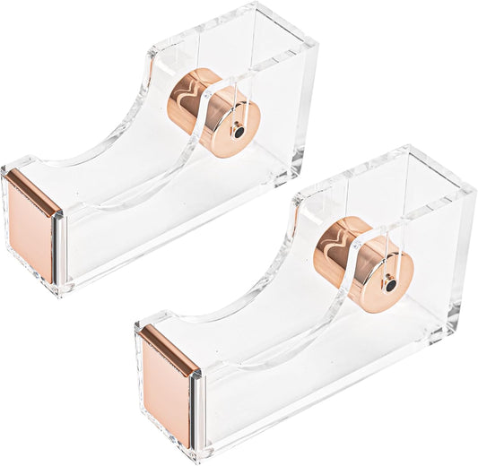 2-Piece Office Acrylic Tape Dispenser, Heavy Duty Adhensive Tape Cutter Holder with Non-Slip Bace, Single Hand Dispensing Clear Sticker Organizer Perfect for Desk, Office, School-Rose Gold