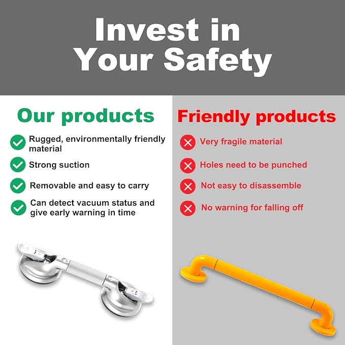 15-Inch Shower Handle - Upgraded Grab Bar with Strong Suction Cups for Bathtub & Shower Safety, Ideal for Seniors, Elderly, Disabled -Silver