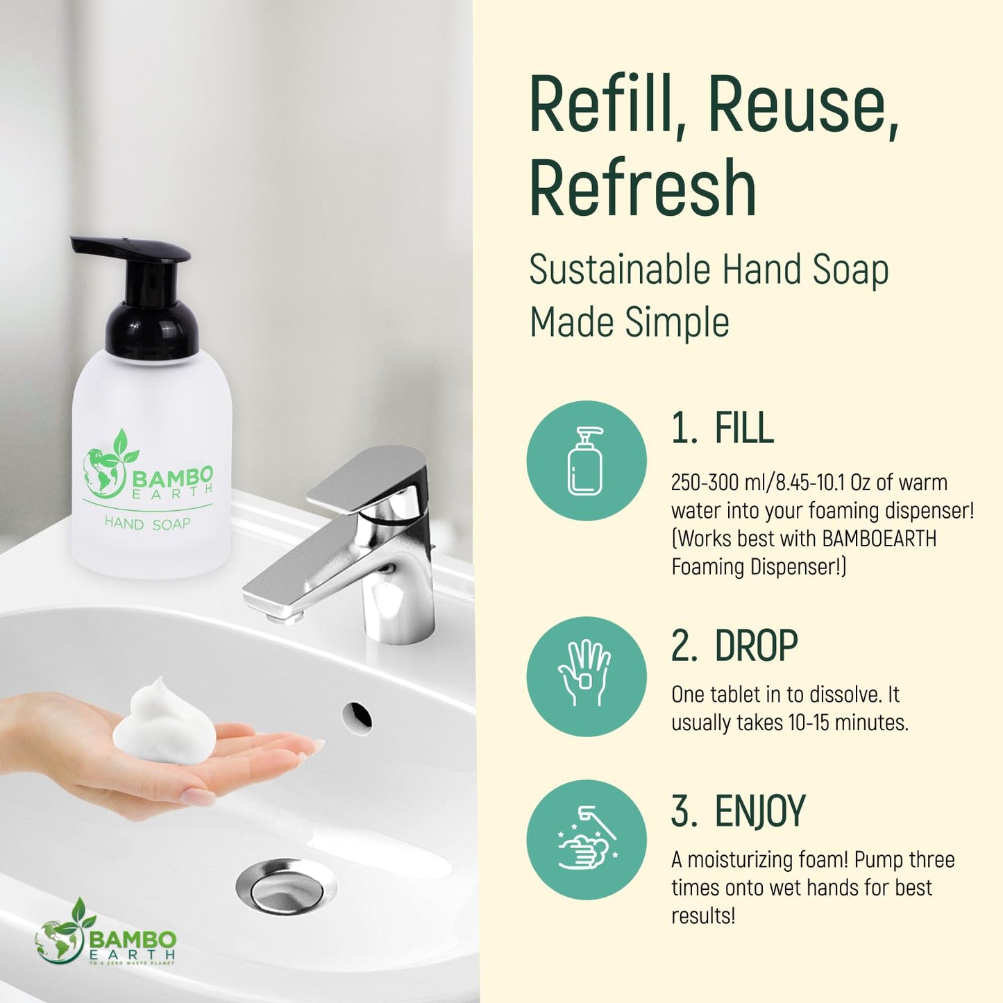 18 Pack Natural Foaming Hand Soap Tablets - Soft Moisturizing Handwash Tab Refills - 1 Tablet = 9 Oz Refillable Liquid Wash Foam Handsoap - Eco-Friendly Paper Softsoap Refill Tabs (Lemon)