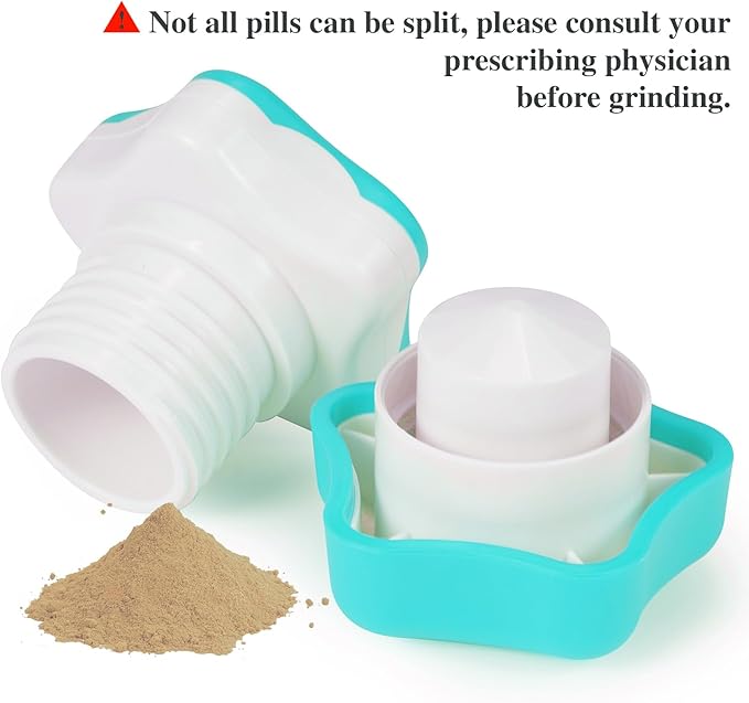 Johnbee Pill Crusher, Pill Grinder Fine Powder Extremely Fine. Storage Compartment. Pill Crushers for Elderly, Family and Pets. Silicone Edges. Grind Multiple Pills at Once - Cleaning Brush (Cyan)