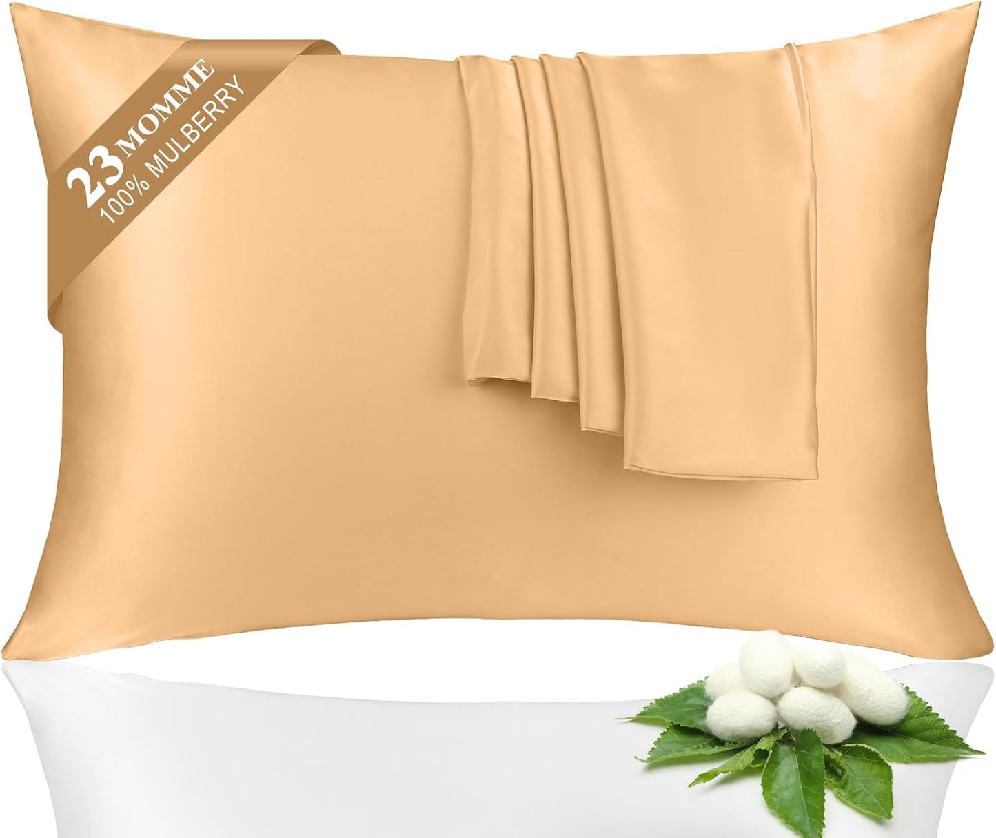 100% Silk Pillowcase 2 Pack for Hair and Skin, Both Sides 23 Momme Grade 6A+ Mulberry Silk Pillowcases with Hidden Zipper, Soft&Smooth Cooling Pillow Cases (Champagne, Queen 20×30)