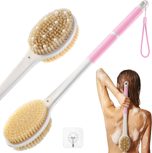 Shower Brush for Massage Dry Brushing: Back Scrubber for Shower with 18.1 in Anti Slip Long Handle - Bath Body Brush for Lymphatic Drainage, Exfoliator Improving Skin Health for Women Men Elderly Pink