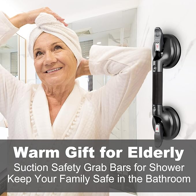 15-Inch Shower Handle - Upgraded Grab Bar with Strong Suction Cups for Bathtub & Shower Safety, Ideal for Seniors, Elderly, Disabled - Black