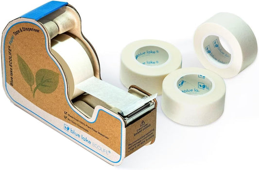 Blue Lake ECOLIFE Masking Tape Dispenser，Plastic-Free Masking Tape Dispenser with 4 Rolls 3/4 in x 550 in Paper Tape, Label Tape Dispenser Desk for Masking, Labeling, Office Home School