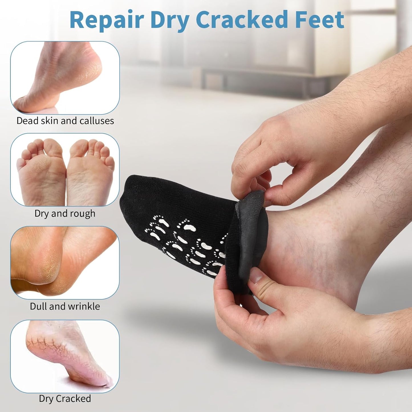 11" Large Silicone Moisturizing Socks for Men - 2 Pairs Soft Foot Care Socks - Feet Moisturizing Socks for Dry Cracked Feet (Size L)