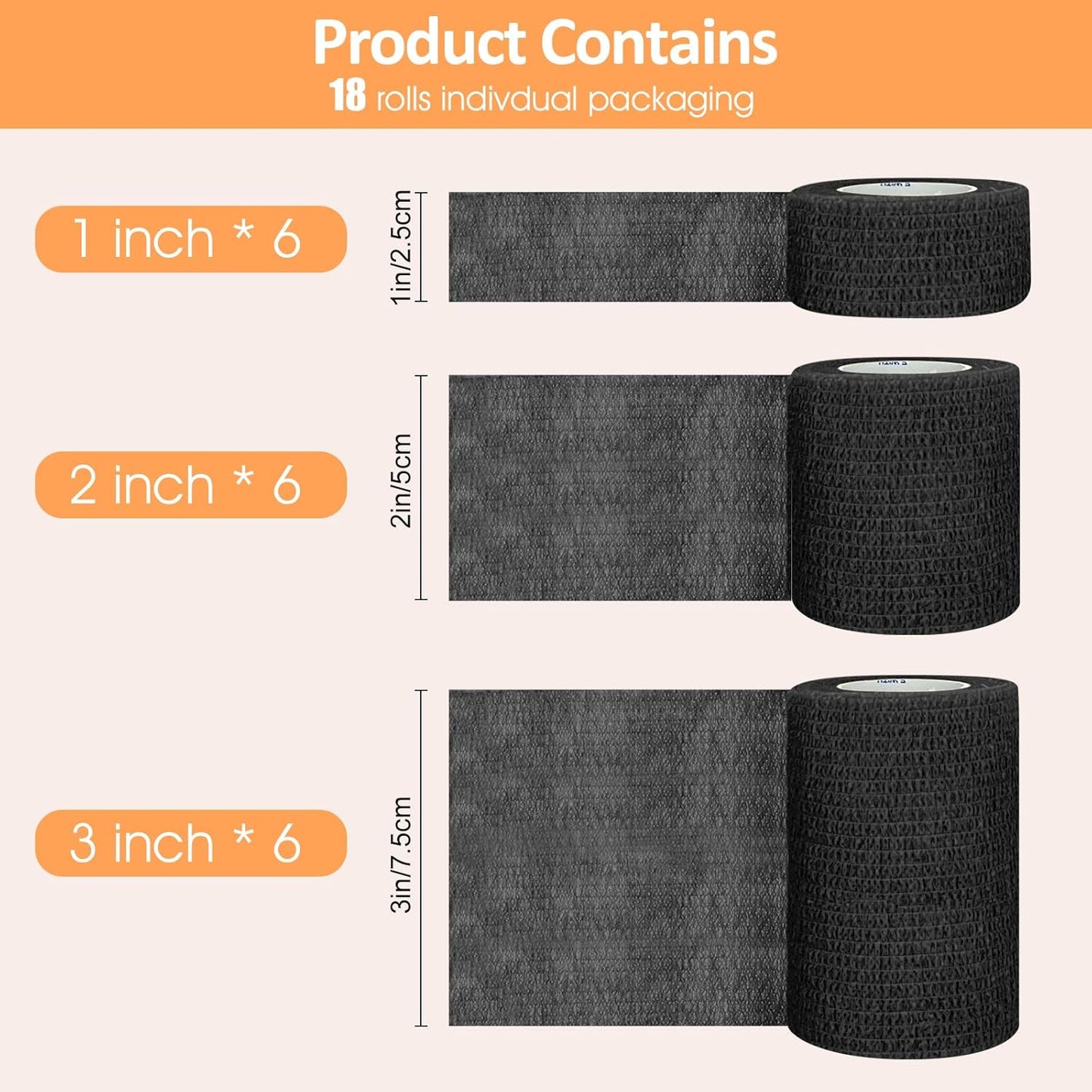 1"/2"/3" Self Adhesive Bandage Wraps, 9 Pack Black Self Adherent Cohesive Bandages Wrap for Wounds, Vet Wrap, Ankle Tape, Tattoo Tape Wrap, Medical Tape, Color Athletic Tape