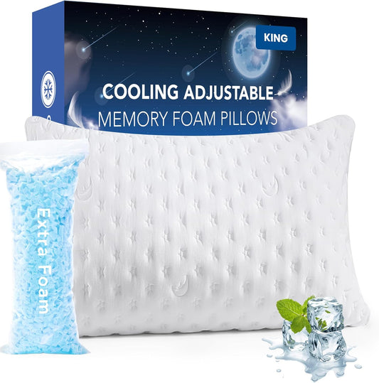 Cooling Side Sleeper Pillow for Adults, Firm Bed Pillow for Side Sleepers Neck and Shoulder Pain, Luxury Shredded Memory Foam Pillow Set of 1- Adjustable King Size- Washable Cover Original White
