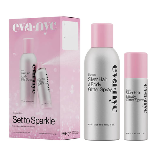 Eva NYC Kweeen Silver Hair and Body Glitter Spray Set - Original Ultra Shimmery Glitter, New Look - Adds Shine + Non-Sticky - Quick Drying Spray - Warm Vanilla Scent - Full Size + Travel Size Gift Set