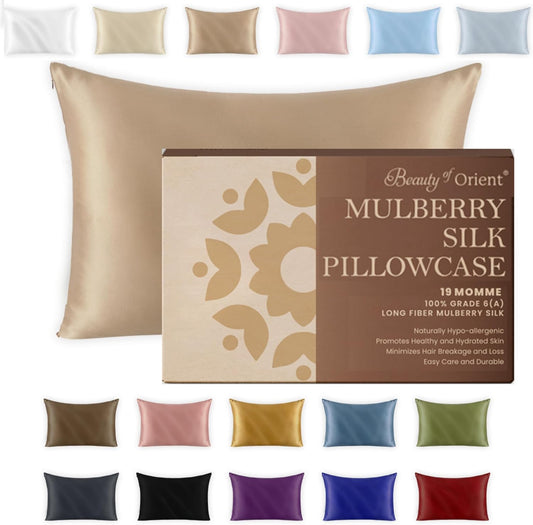 100% Pure Mulberry Silk Pillowcase for Hair and Skin, 19 Momme Both Sides, Hidden Zipper, Natural Hypoallergenic Silk Pillow Case (1pc Queen - 20" x 30", Champagne)
