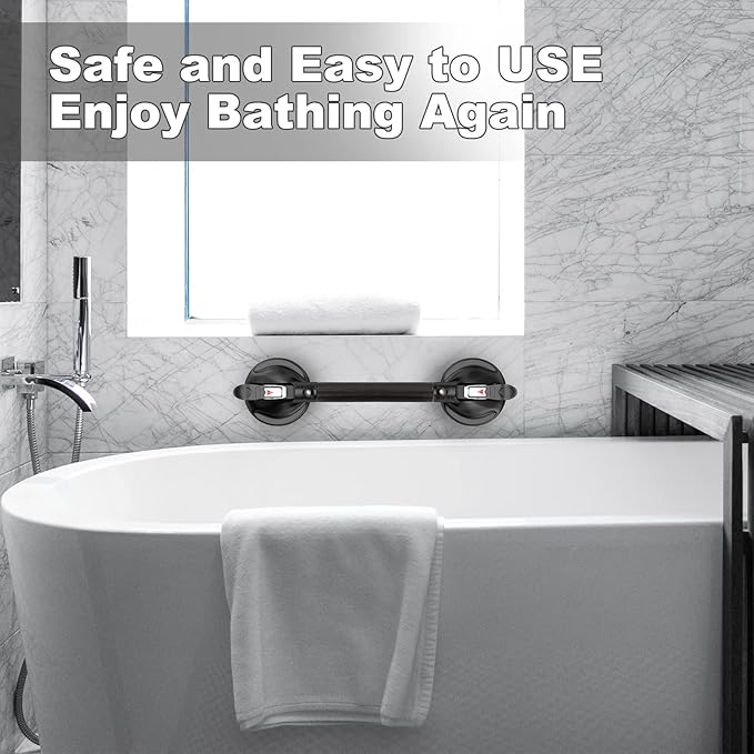 15-Inch Shower Handle - Upgraded Grab Bar with Strong Suction Cups for Bathtub & Shower Safety, Ideal for Seniors, Elderly, Disabled - Black