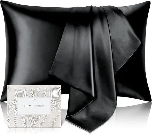 100% Pure Mulberry Silk Pillowcase for Hair and Skin - Allergen Resistant Dual Sides,600 Thread Count Silk Bed Pillow Cases with Hidden Zipper,1pc,Queen Size,Black