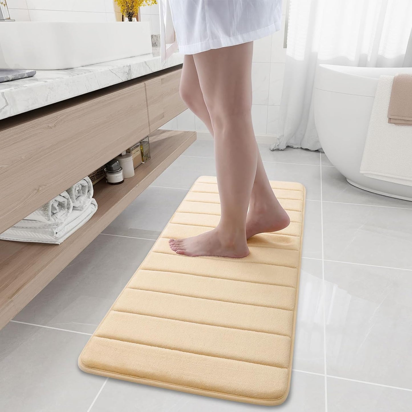 Buganda Memory Foam Bath Mat, 47" x 17", Ultra Soft and Non-Slip Bathroom Rugs, Water Absorbent and Machine Washable Bath Rug Runner for Bathroom, Shower, and Tub, Gold