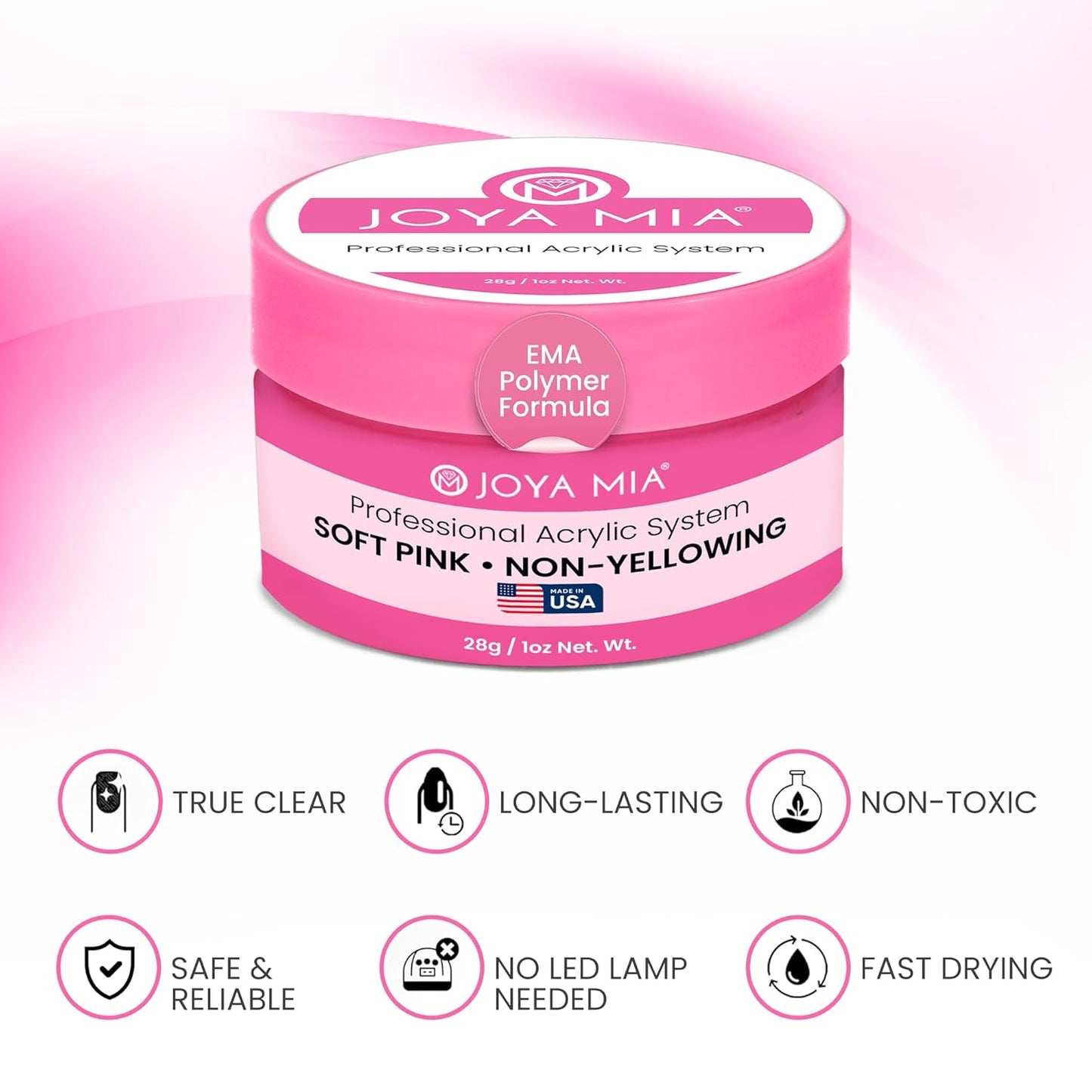 Joya Mia Acrylic Powder for Nails, MMA-Free, Super Adhesion Professional Powder for Flawless & Long-Lasting Nail Enhancements, Easy Application, Vibrant & Stunning Colors - Soft Pink, 1 oz